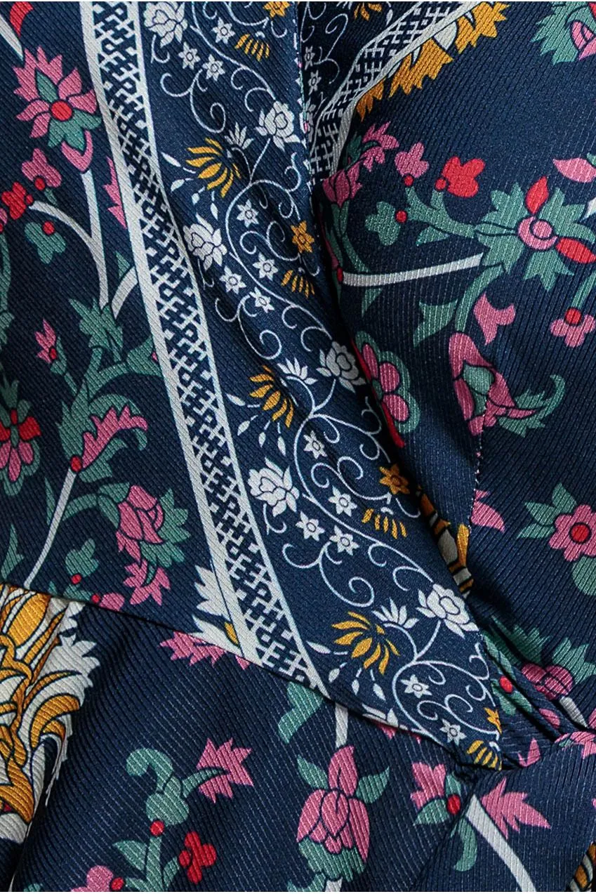 Goddiva Floral Print Wrap Flutter Abito Midi Blu Navy Floreale