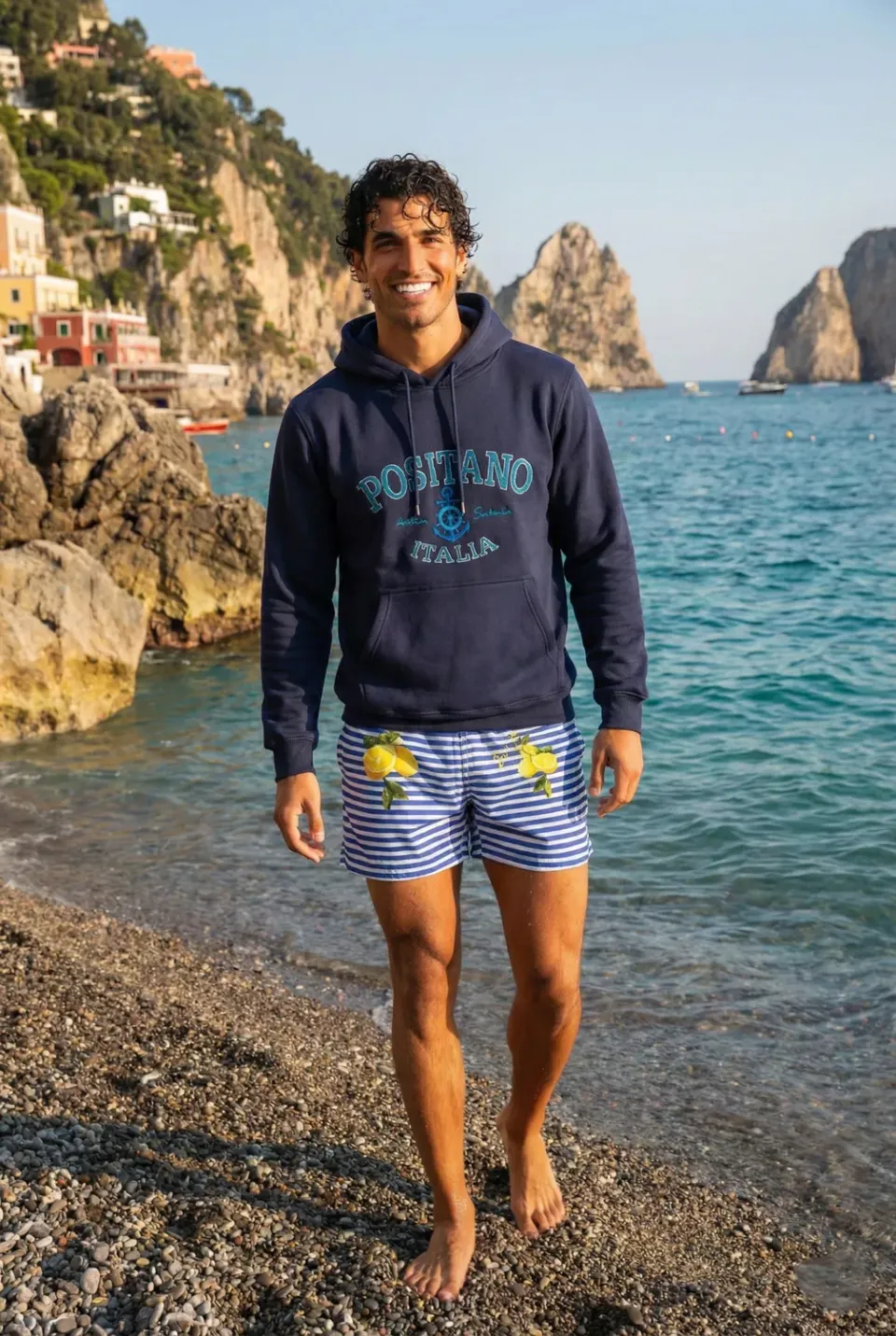 Antica Sartoria FW109 felpa cappuccio bianca fantasia marina