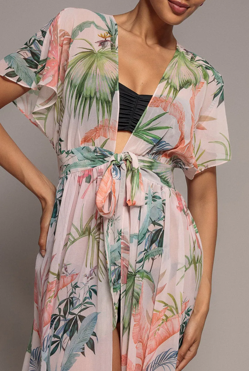 Goddiva Palm Print Flutter Sleeve kimono maxi palm print verde