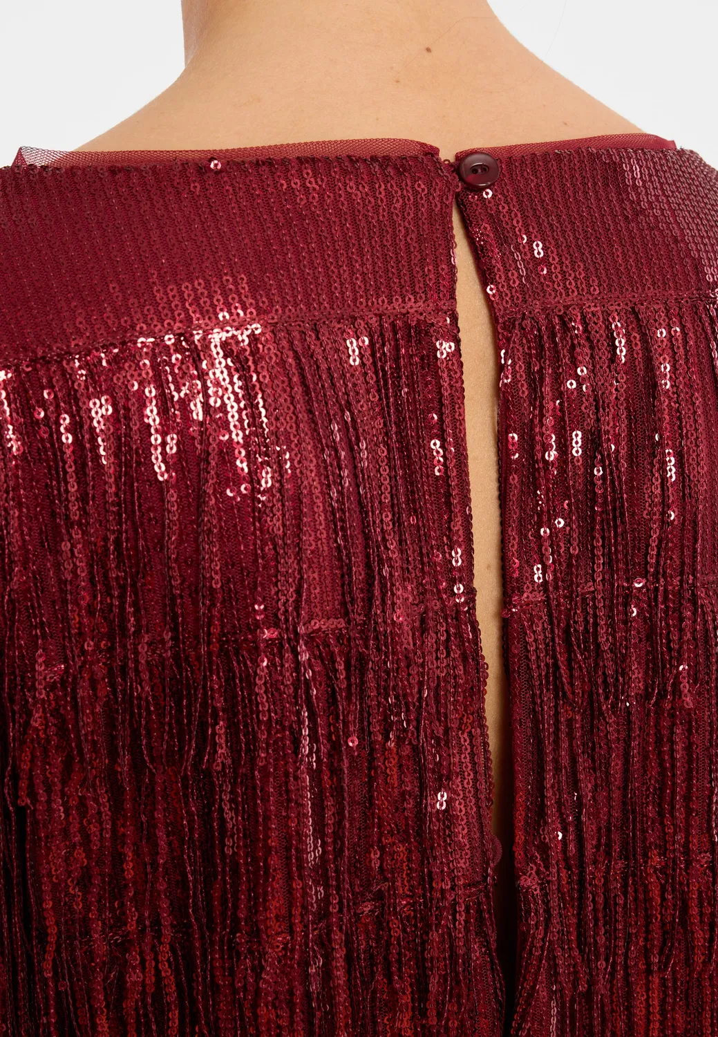 Ana Alcazar Cebata tuta elegante lunga bordeaux frange