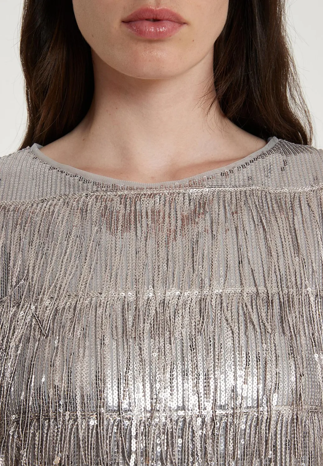 Ana Alcazar Tabyla abito midi paillettes argento frange