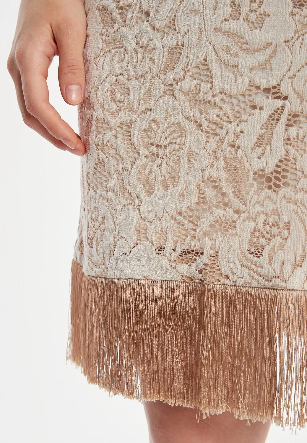 Ana Alcazar Zakary abito pizzo beige con frange