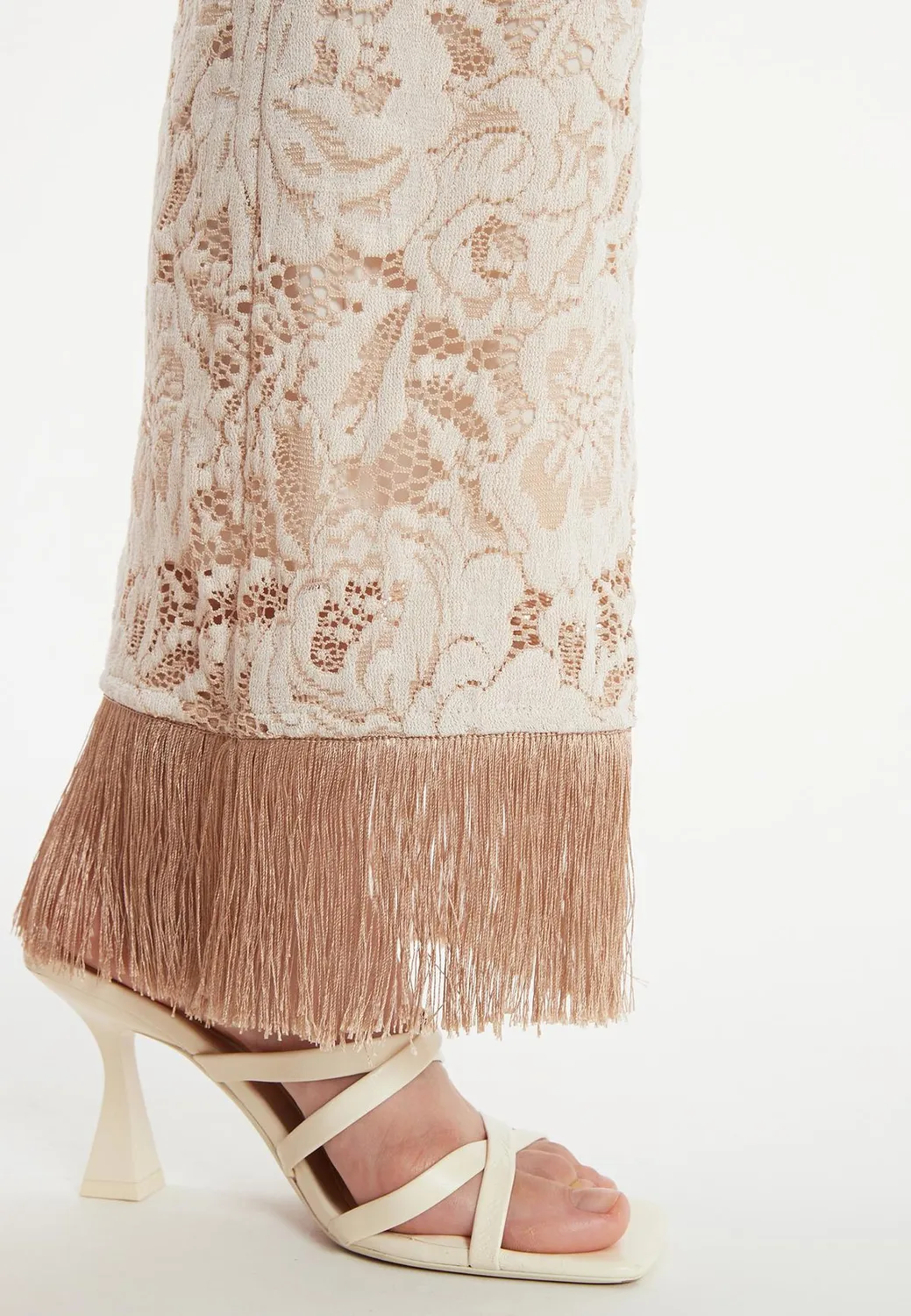 Ana Alcazar Zakira Pantaloni Pizzo Beige Zampa Frange