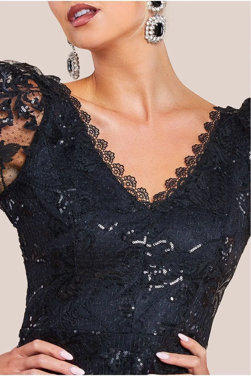 Goddiva Sequin Lace abito midi pizzo nero svasato