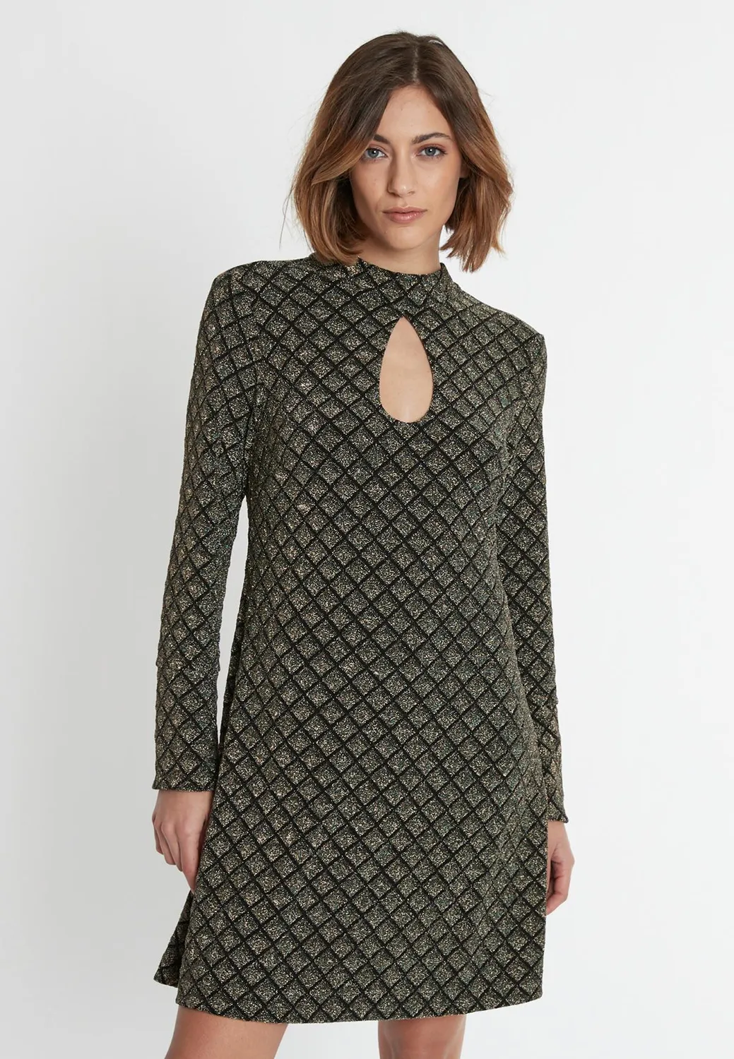 Ana Alcazar Sakala abito lurex corto nero oro scacchi