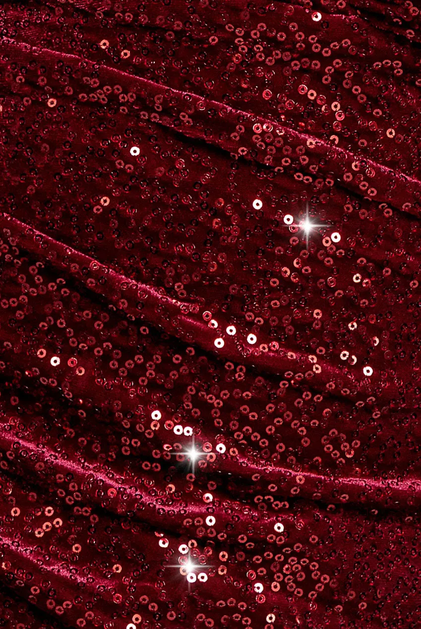 Goddiva Plus Bardot abito maxi paillettes vino