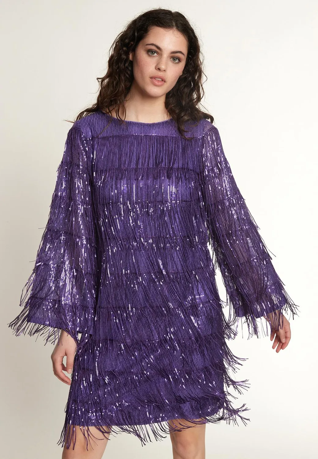 Ana Alcazar Oawa abito cocktail viola paillettes frange