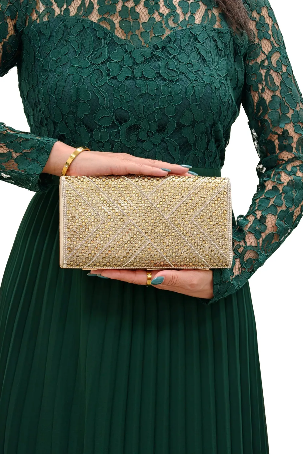 Double Second Box Clutch pochette oro strass catena