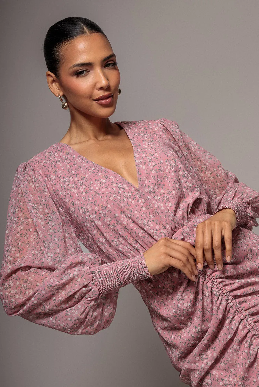 Goddiva Printed Drawstring abito midi rosa cipria