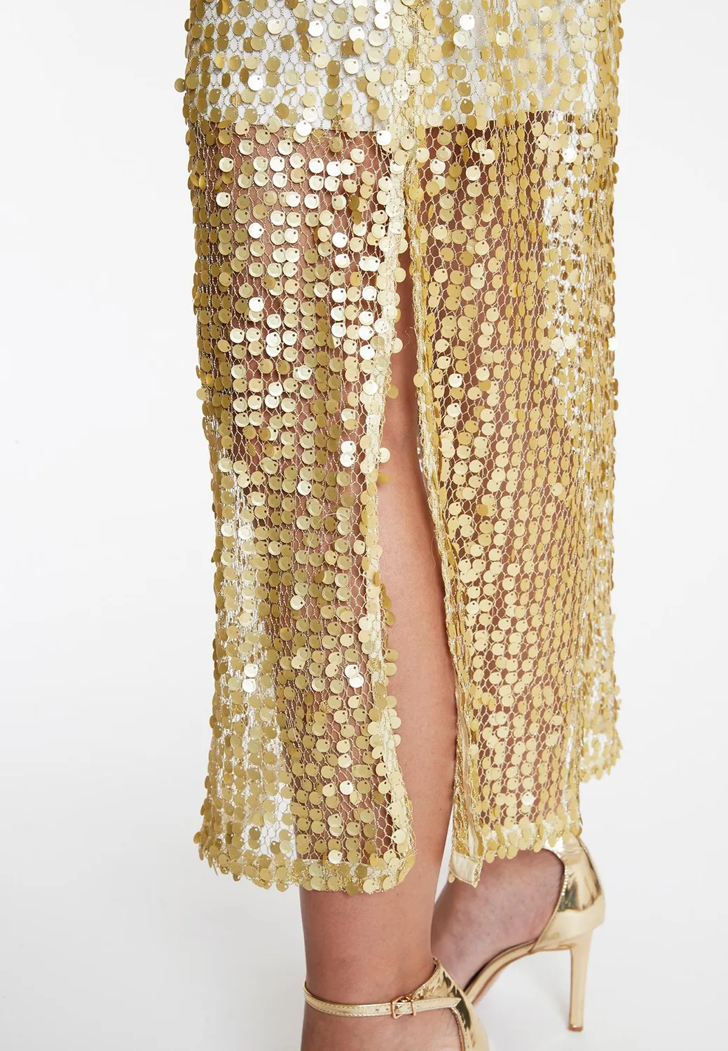 Ana Alcazar Wadani abito maxi rete paillettes oro