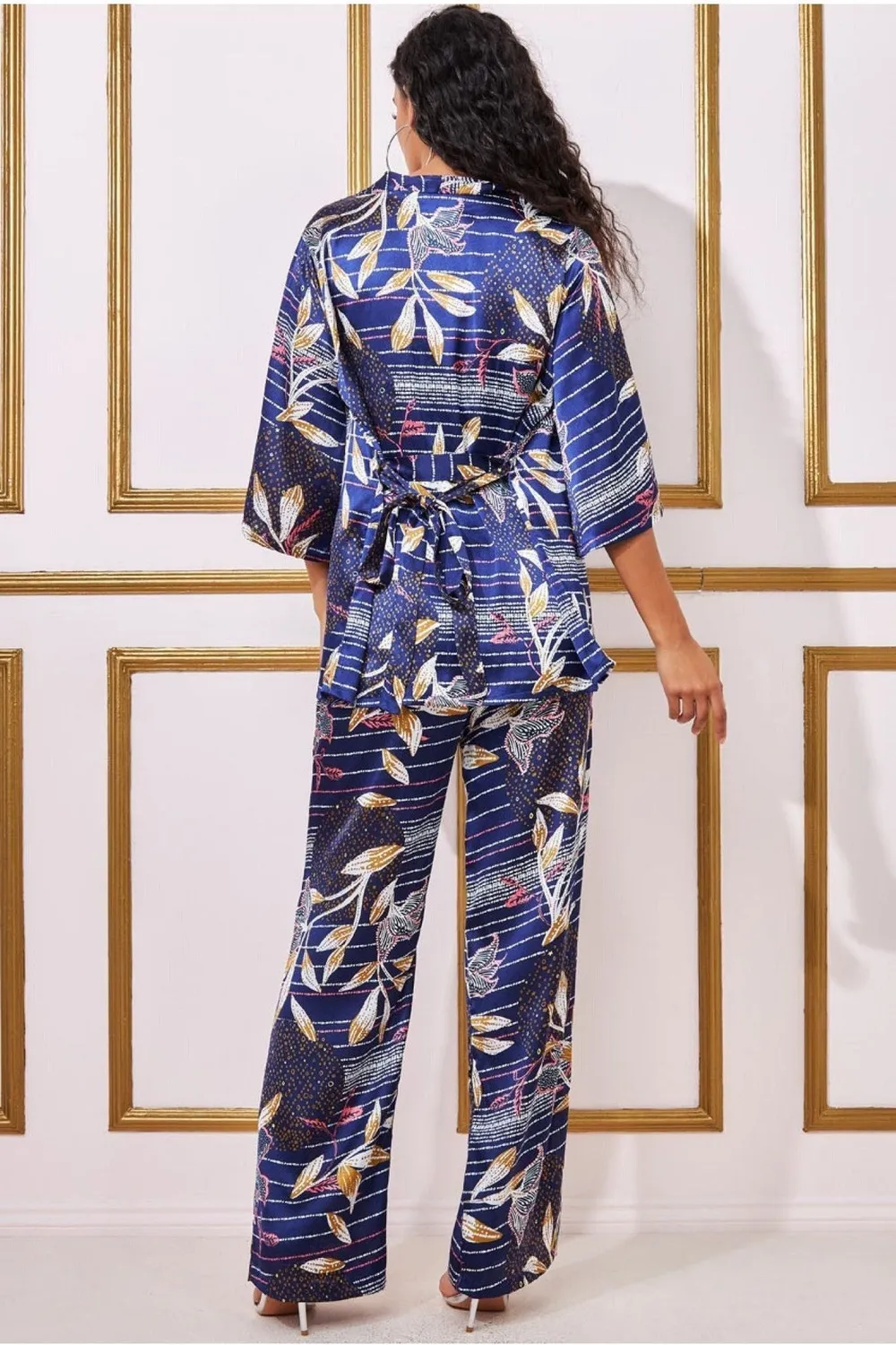 Goddiva Satin pantalone palazzo fantasia navy