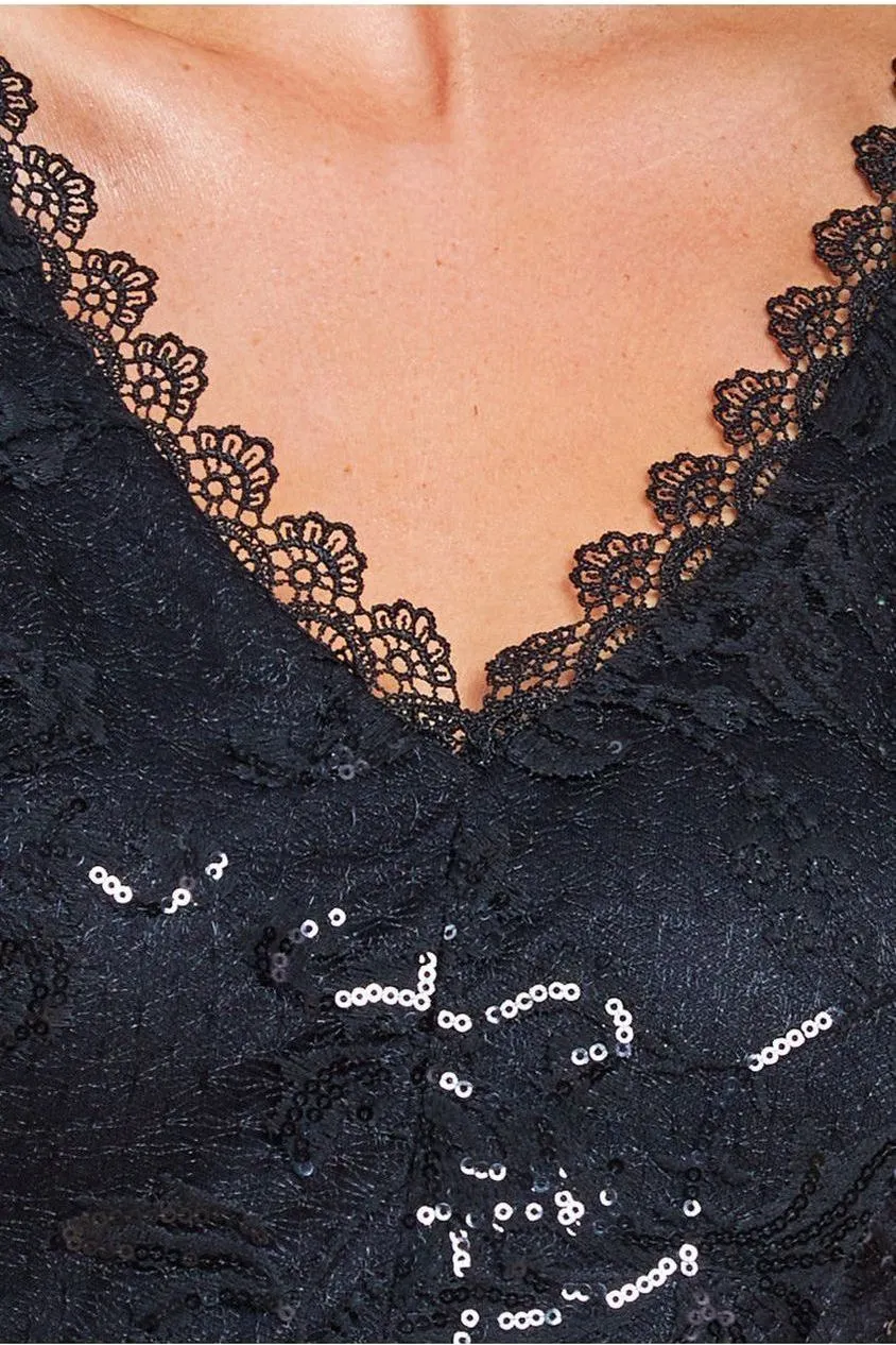 Goddiva Sequin Lace abito midi pizzo nero svasato