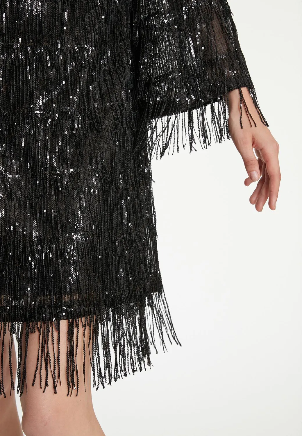 Ana Alcazar Tabea abito cocktail nero frange paillettes