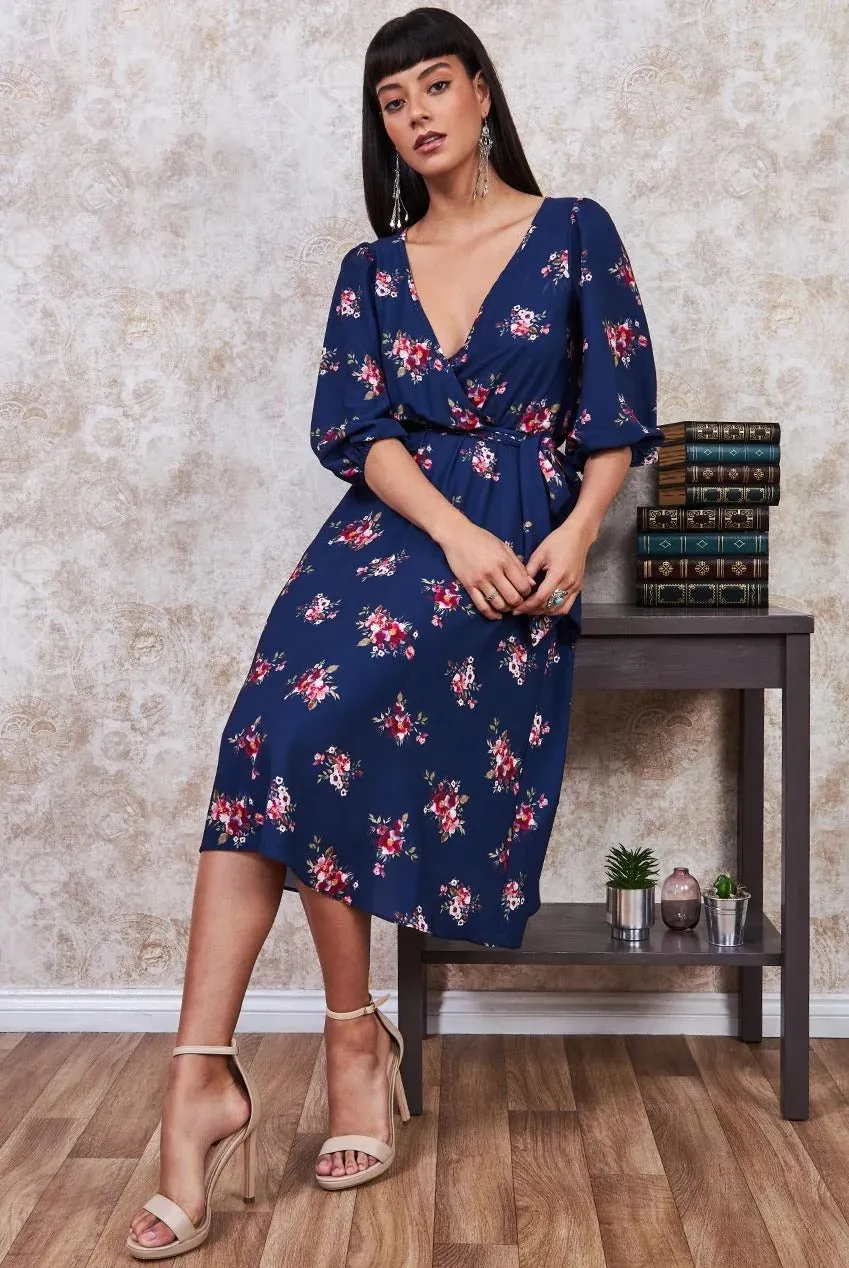 Goddiva DR3299 Wrap Floral abito midi navy 12
