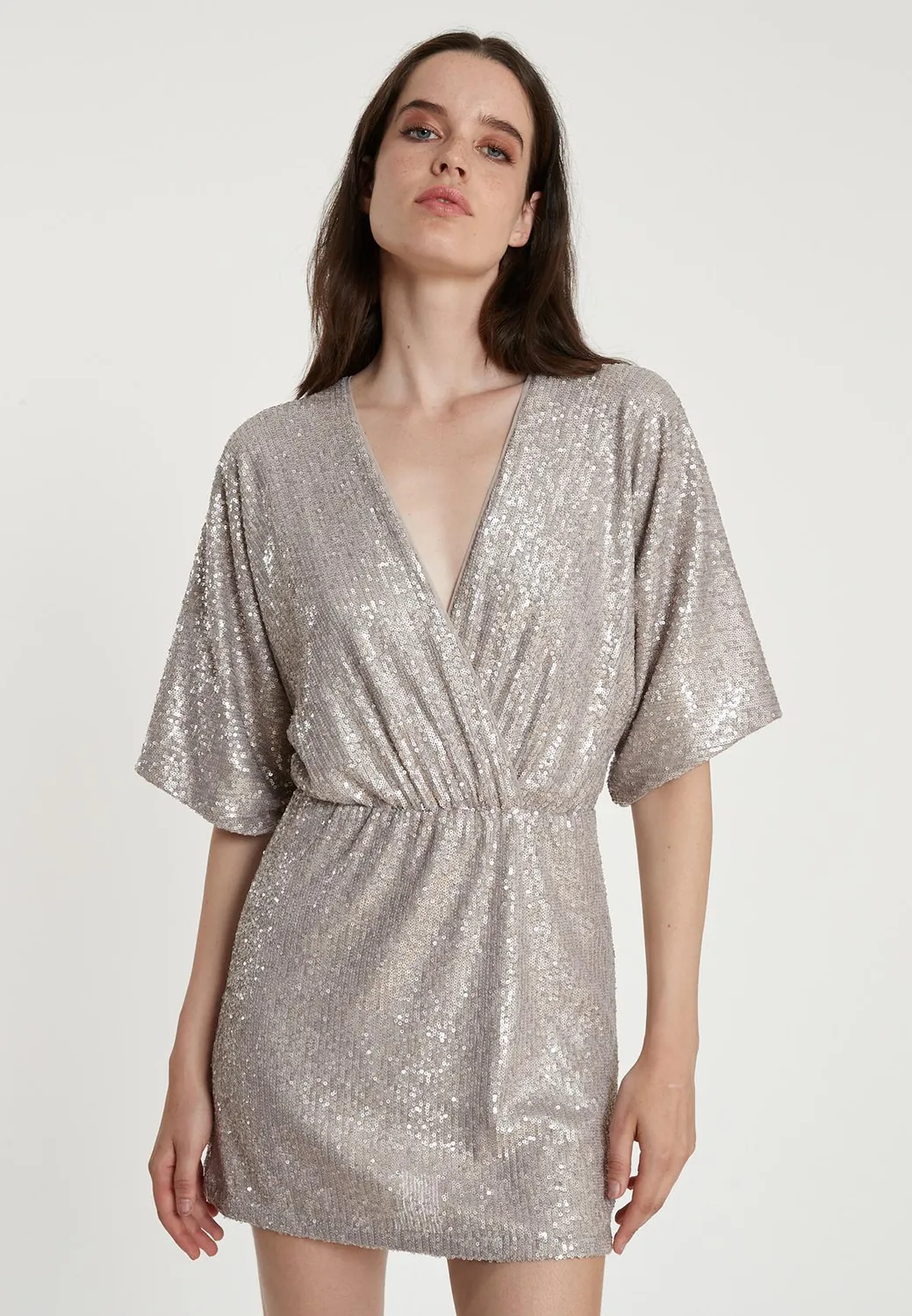 Ana Alcazar Tafora abito paillettes argento corto