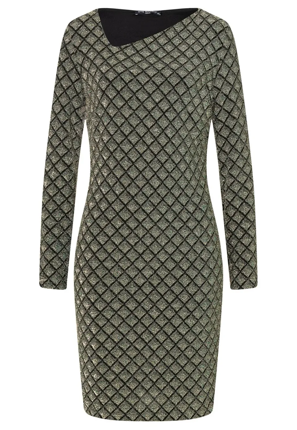 Ana Alcazar Sakyra abito lurex nero oro scollatura asimmetrica