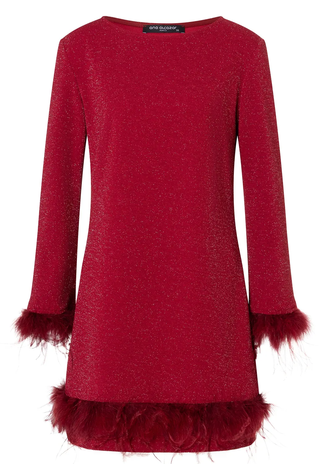 Ana Alcazar Cilea abito cocktail rosso lurex piume svasato