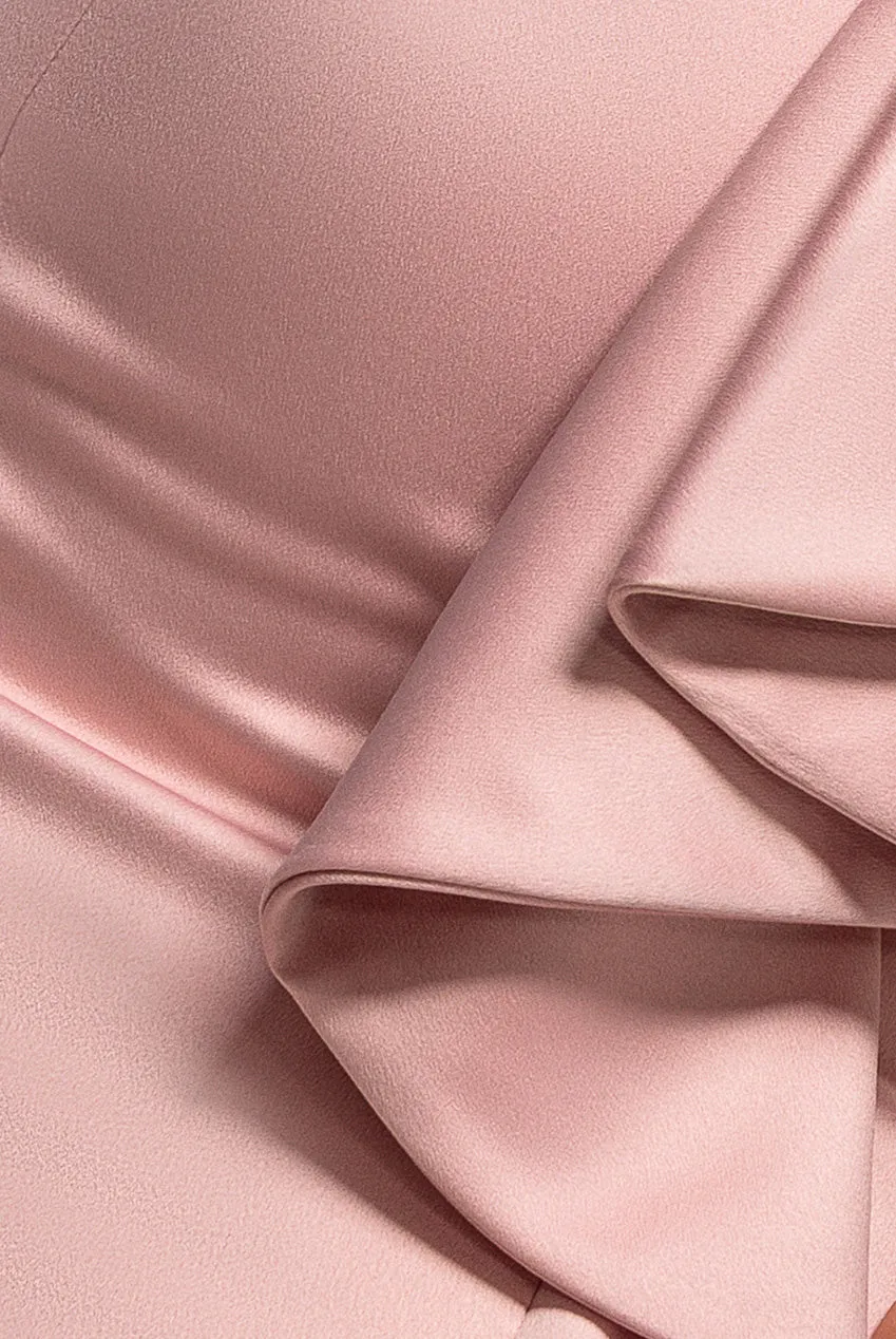 Goddiva Satin Bardot Bow abito maxi nude raso spacco