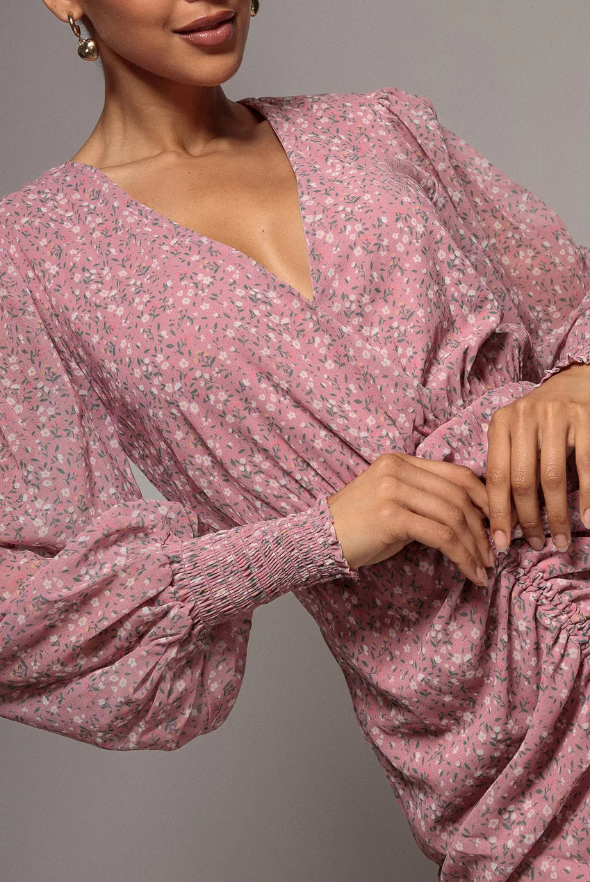 Goddiva Printed Drawstring abito midi rosa cipria