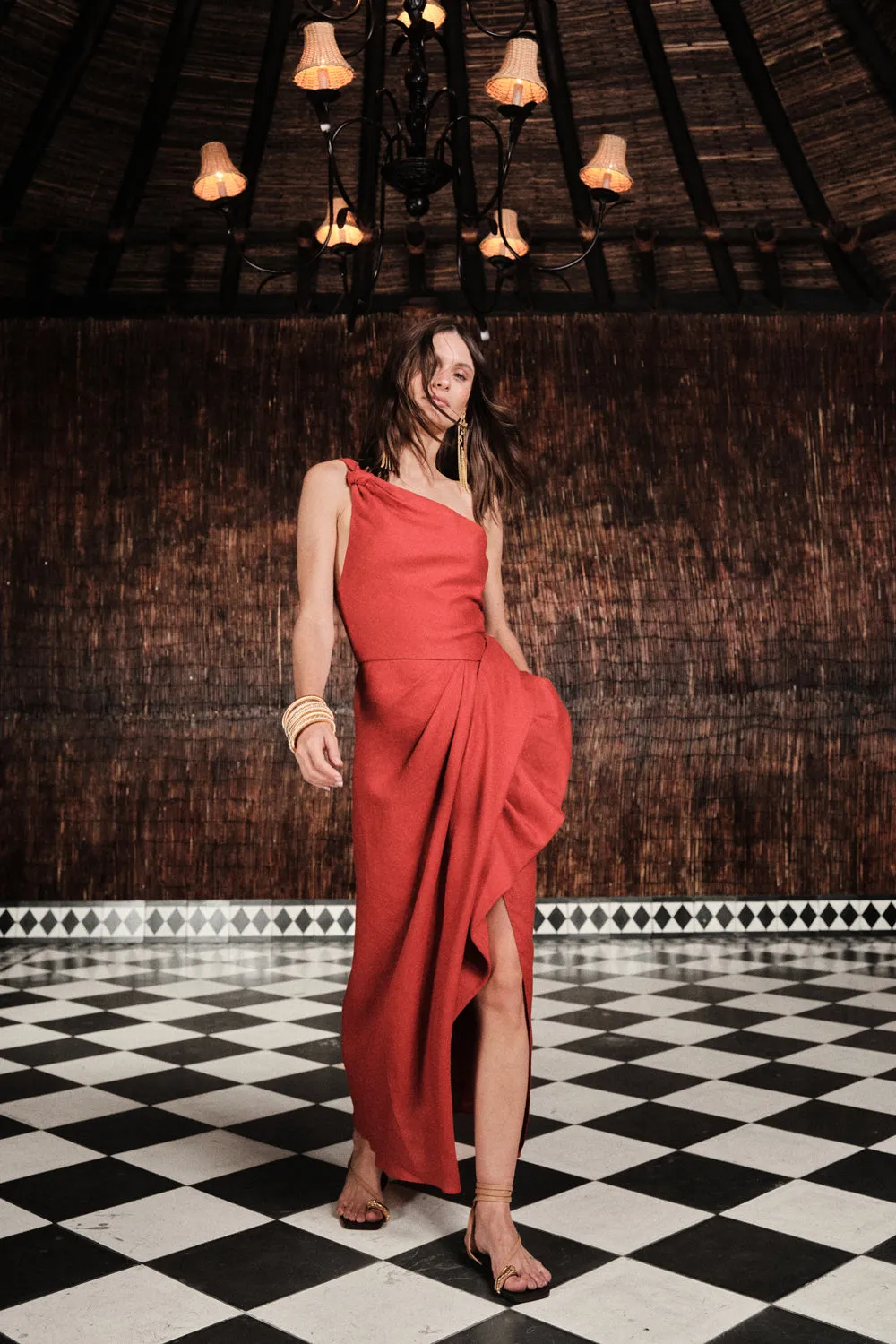 Johanna Ortiz Salsero Vestito lino rosso midi monospalla