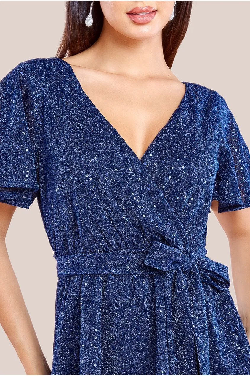 Goddiva Top Avvolgente Blu Navy Maniche Svolazzanti Lurex