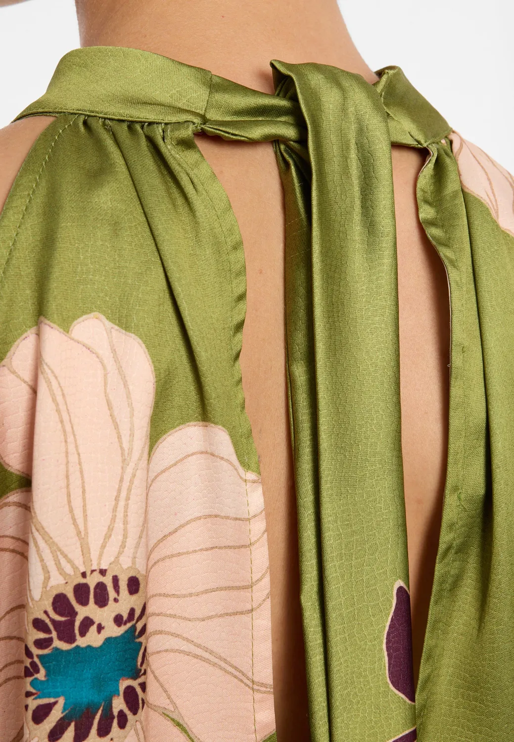 Ana Alcazar Druin top halterneck raso verde floreale