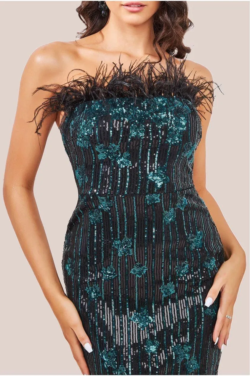 Goddiva abito midi verde paillettes piume taglia 12