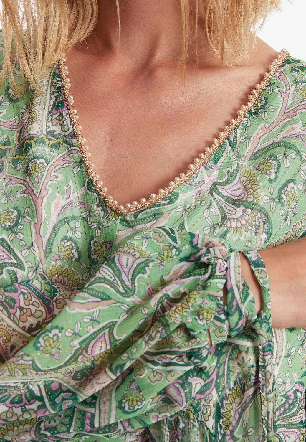 Ana Alcazar Zesani abito maxi chiffon verde paisley