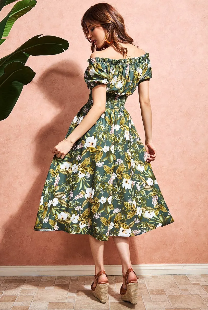 Goddiva DR3583 abito midi verde floreale spalle scoperte