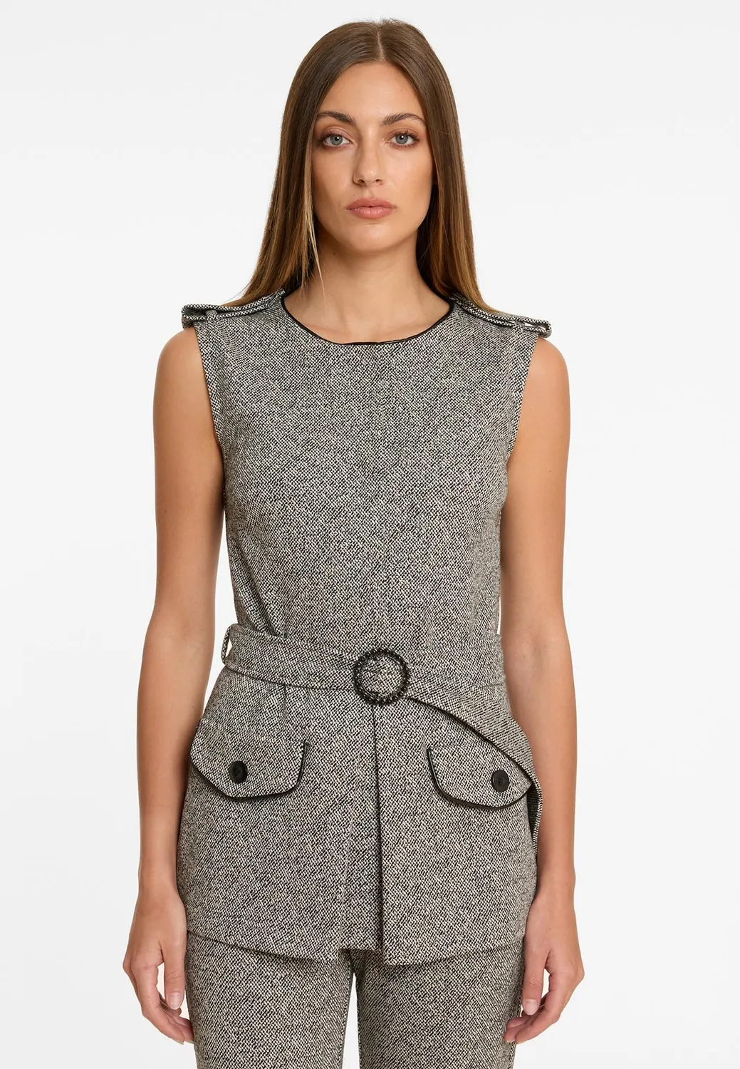 Ana Alcazar Alony Gilet Tweed Grigio con Cintura