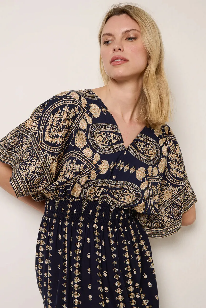 Blue Vanilla Floral Border vestito navy viscosa midi
