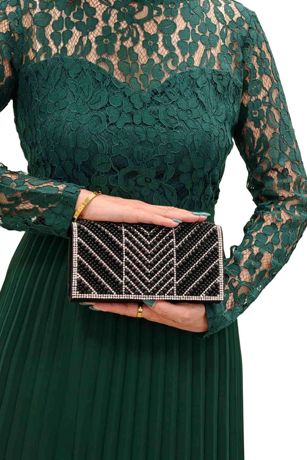 Double Second clutch perle strass pochette nera sera