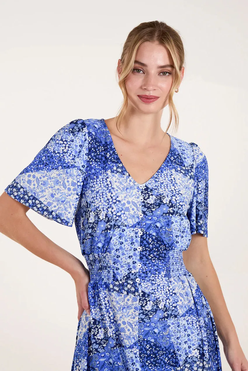 Blue Vanilla Patchwork Mini abito blu fantasia maniche corte