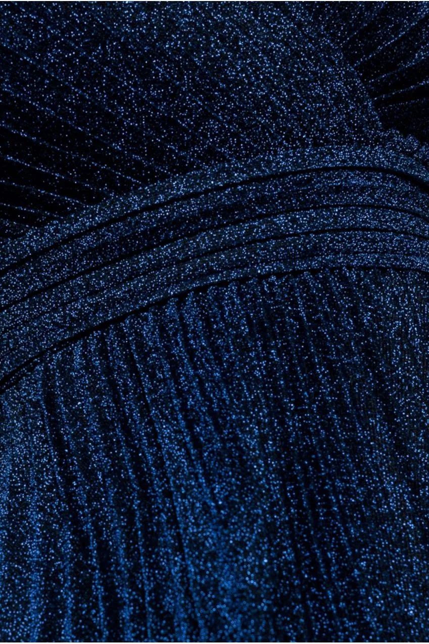 Goddiva Pleated A Line Lurex abito maxi scollo V navy
