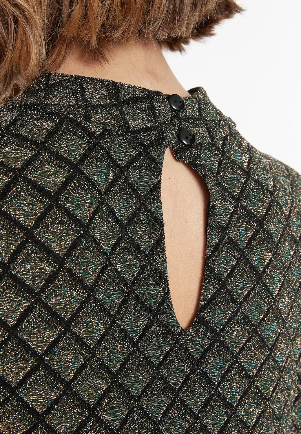 Ana Alcazar Sakala abito lurex corto nero oro scacchi