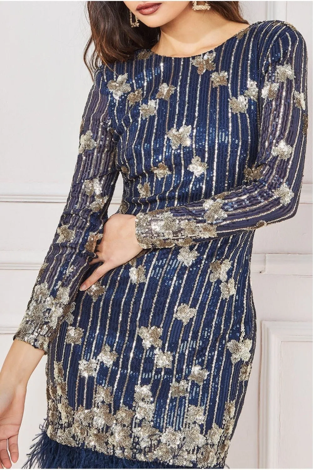 Goddiva DR3770 abito mini blu navy lustrini e piume