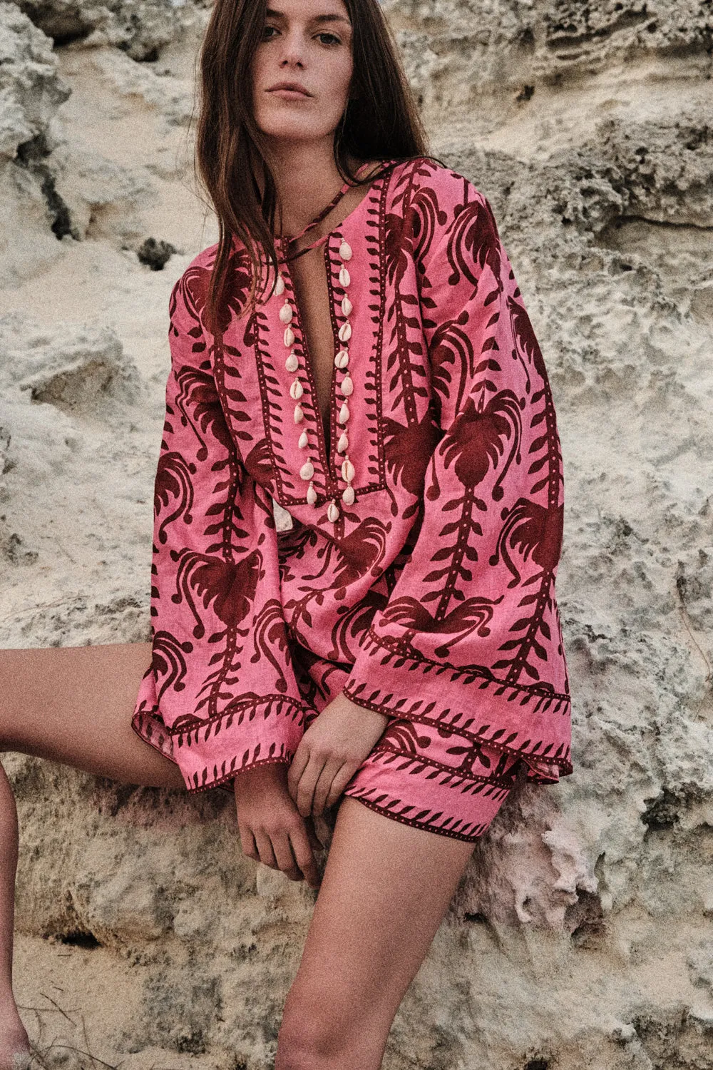Johanna Ortiz Wild Savannah vestito lino rosa corto