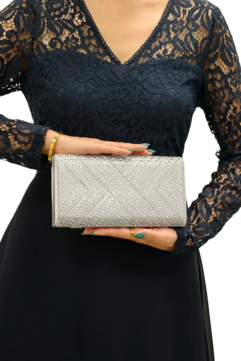 Double Second Rhinestone Box Clutch pochette argento con strass