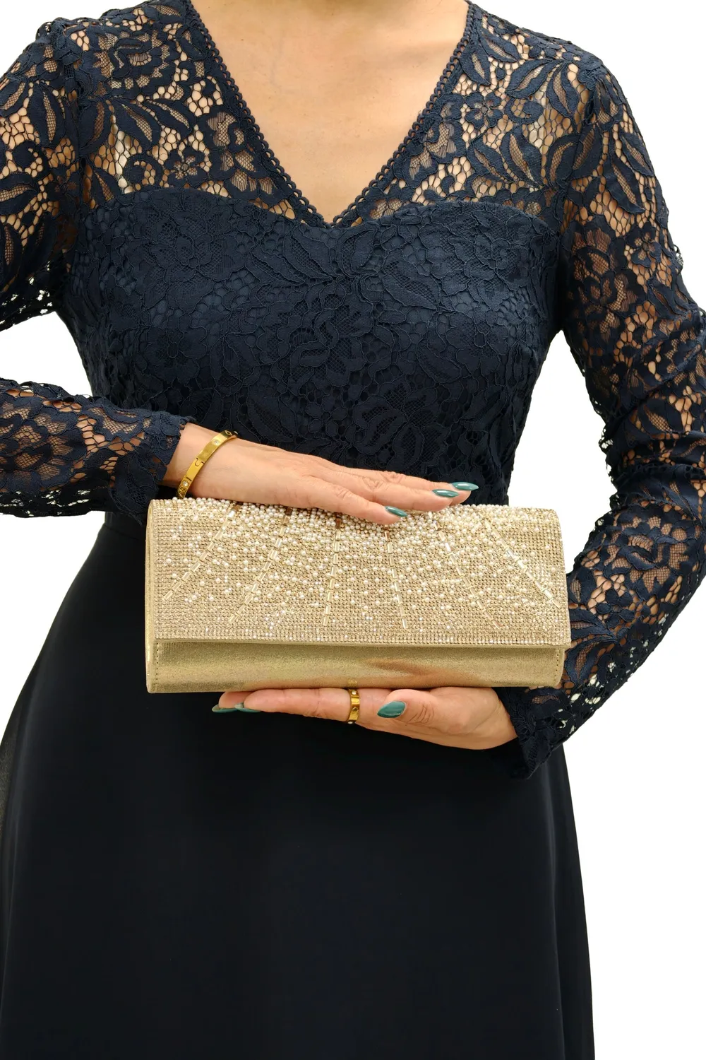 Double Second Rhinestone pochette oro strass catena